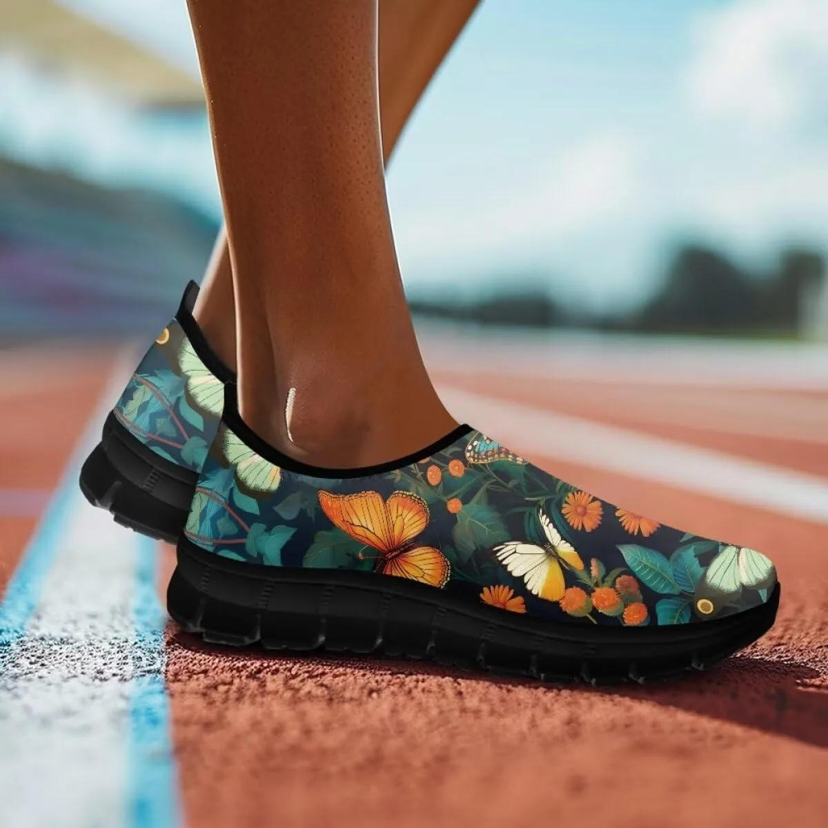 Womens Athletic Shoes Flowers Print Sports Shoes Slip-on Air Mesh Lightweight Sneakers Running Flats