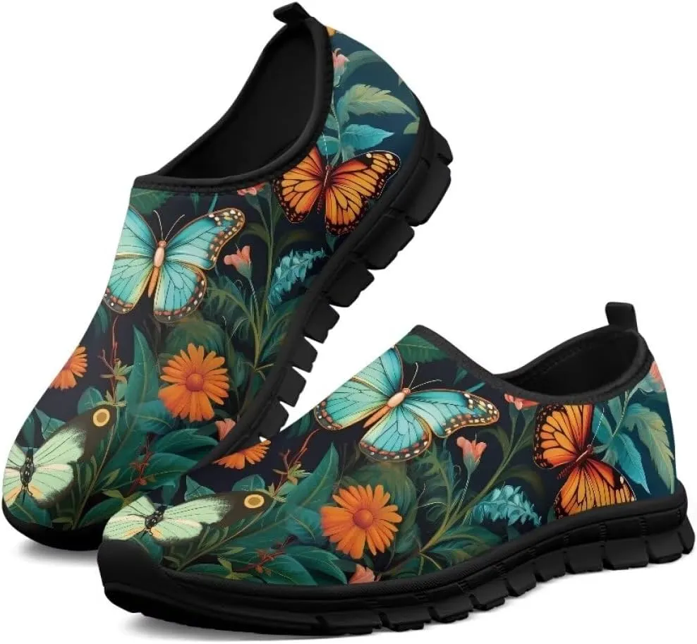 Womens Athletic Shoes Flowers Print Sports Shoes Slip-on Air Mesh Lightweight Sneakers Running Flats