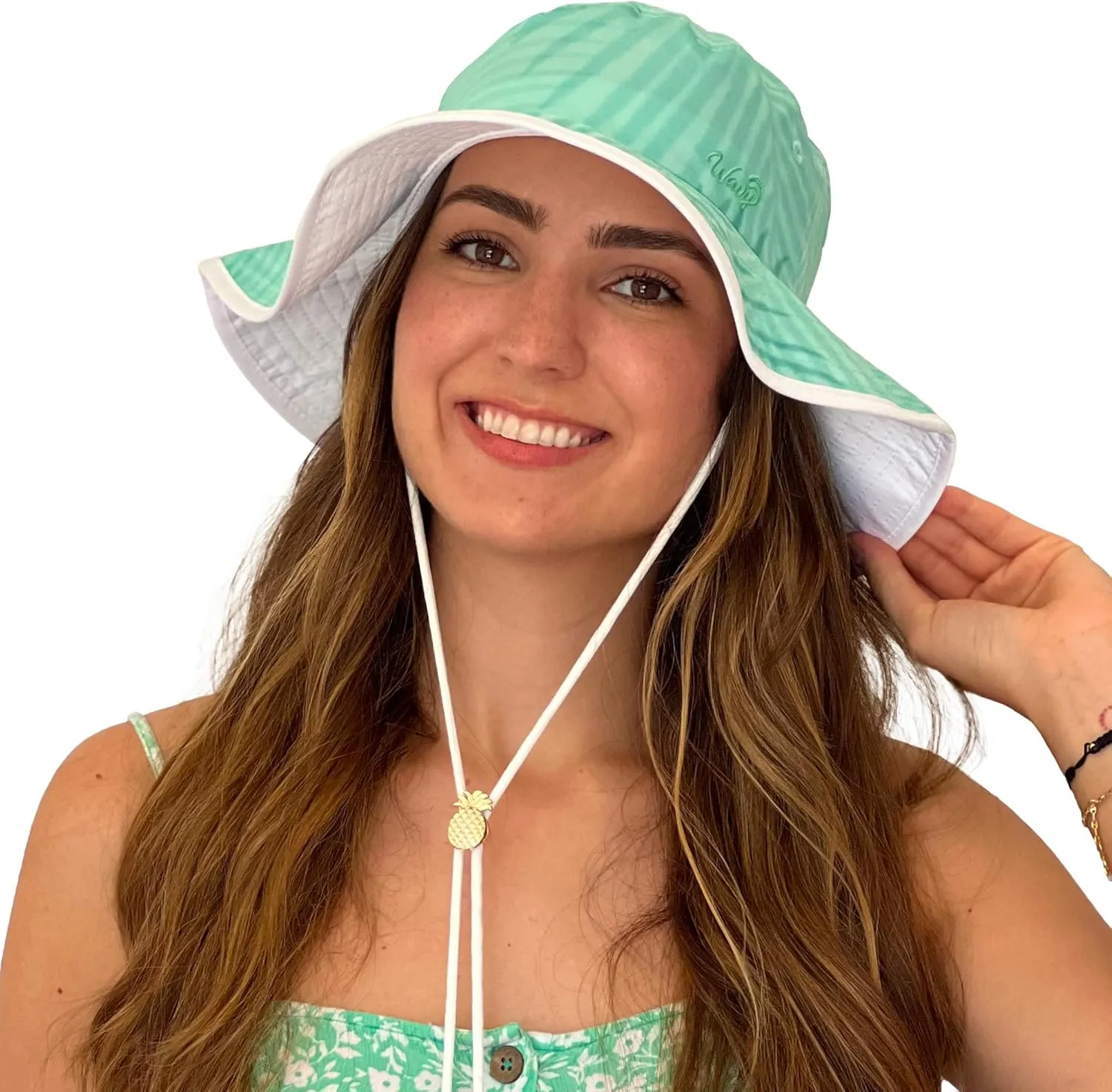 Women’s Beach Hat with Wide Brim Packable for Travel, UV Protection UPF50  Tropical Summer Hat Pineapple Cord Lock Bucket Hat