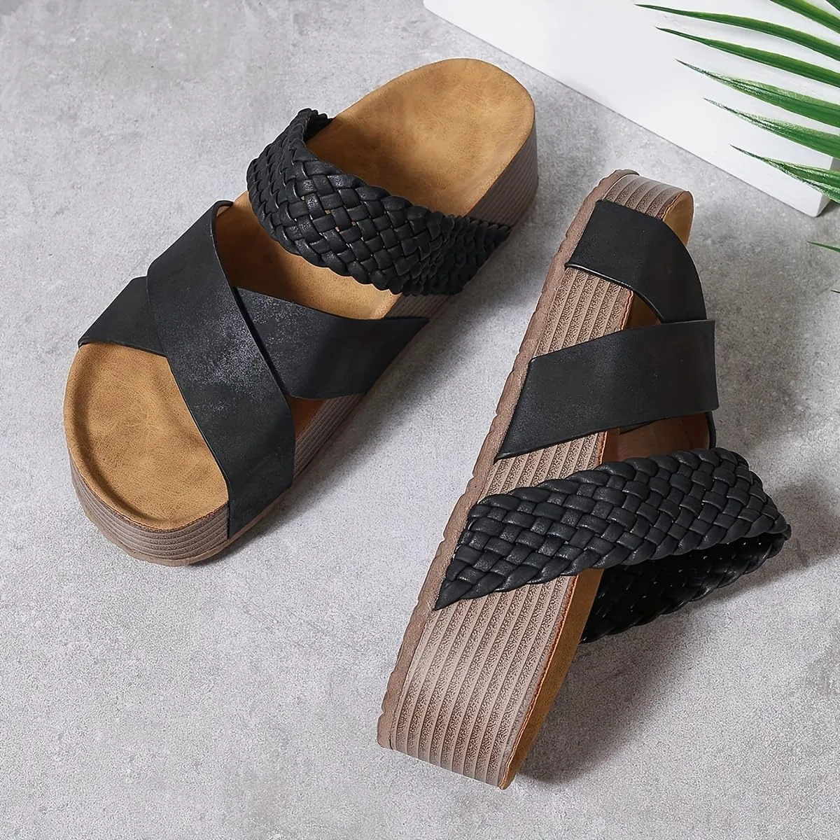 Women's Big Size Summer Braided Slide Sandals – Thick Sole Platform, Cross-Strap Design, Solid Colors, Comfy Open Toe