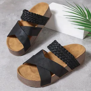 Women's Big Size Summer Braided Slide Sandals – Thick Sole Platform, Cross-Strap Design, Solid Colors, Comfy Open Toe