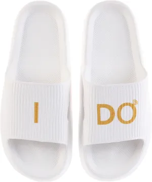 Women's Bride Slippers - White I DO Bride Slide Sandals for Bachelorette Party & Bridal Shower