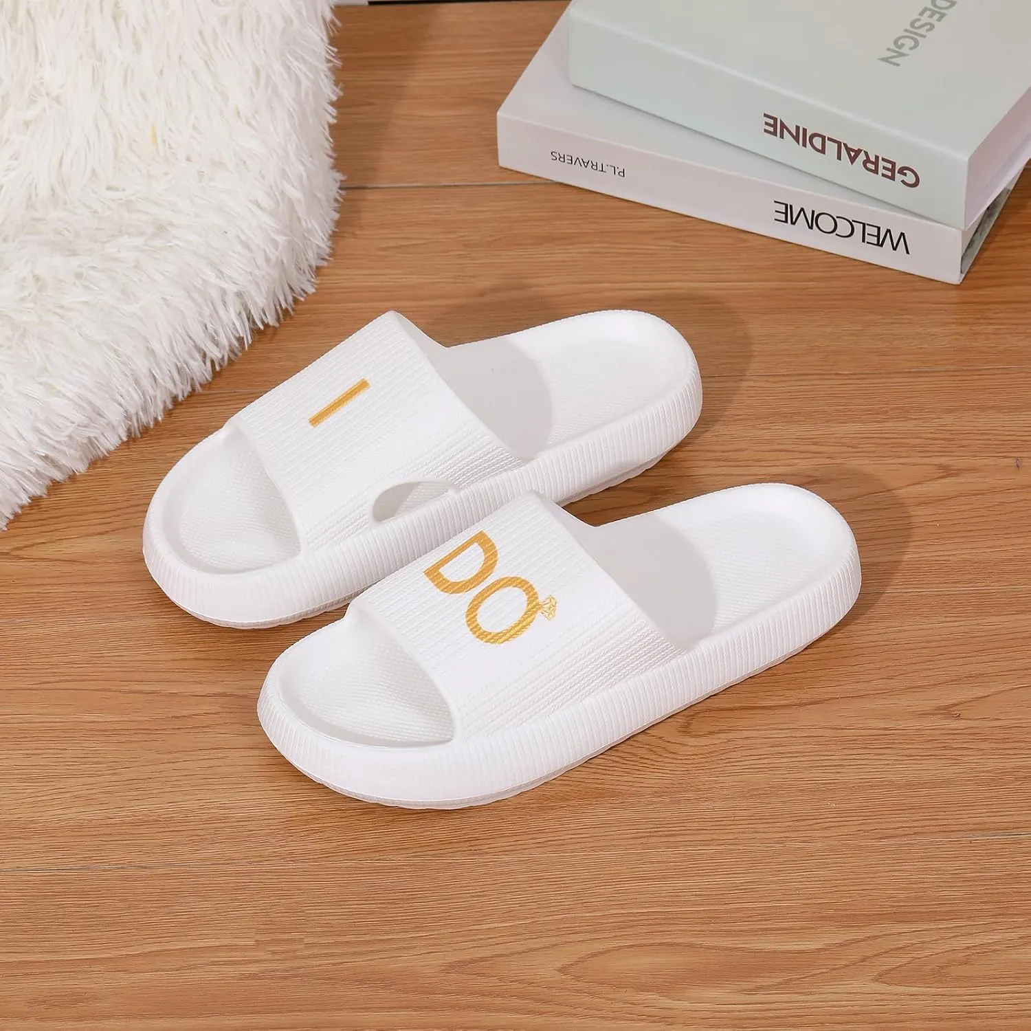 Women's Bride Slippers - White I DO Bride Slide Sandals for Bachelorette Party & Bridal Shower