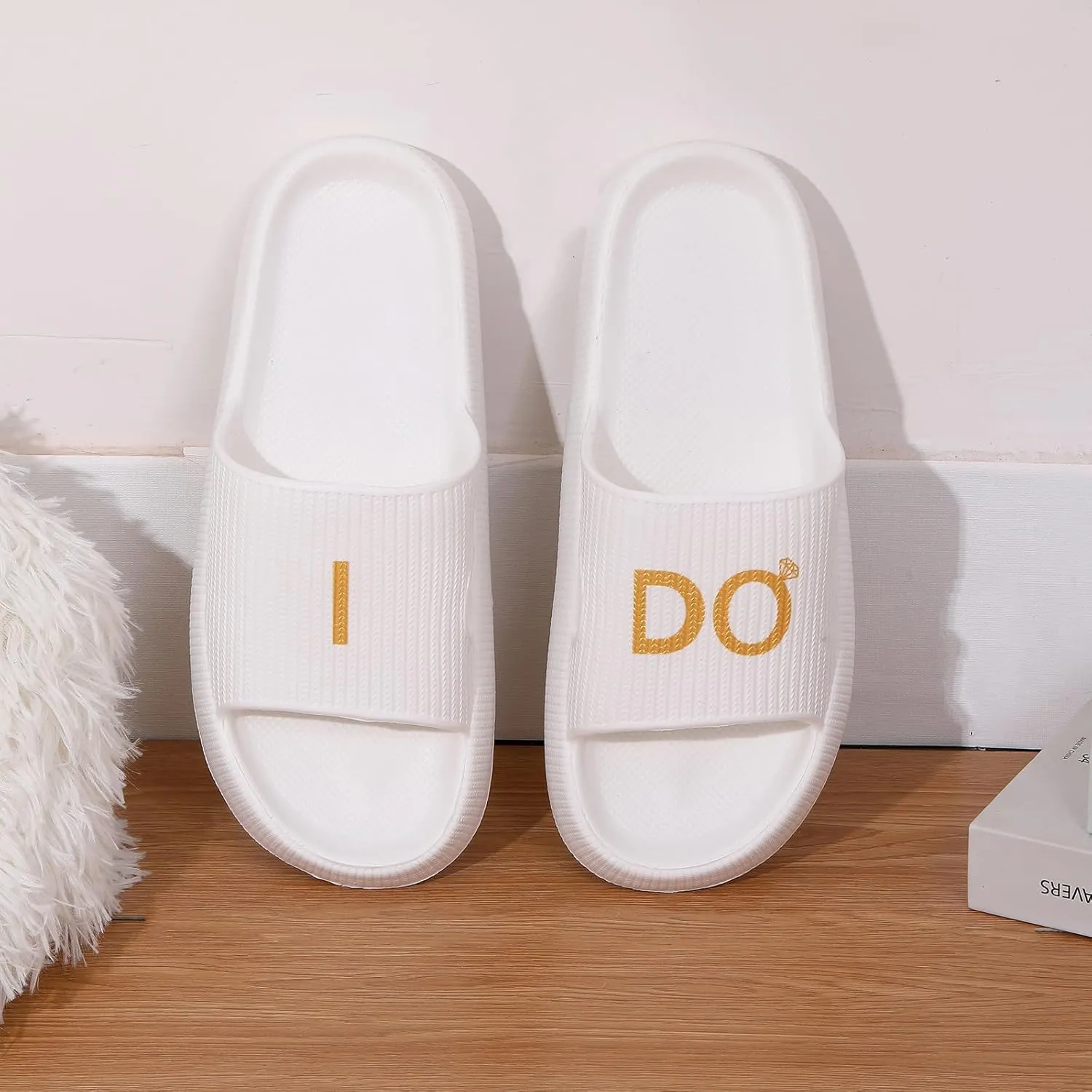 Women's Bride Slippers - White I DO Bride Slide Sandals for Bachelorette Party & Bridal Shower