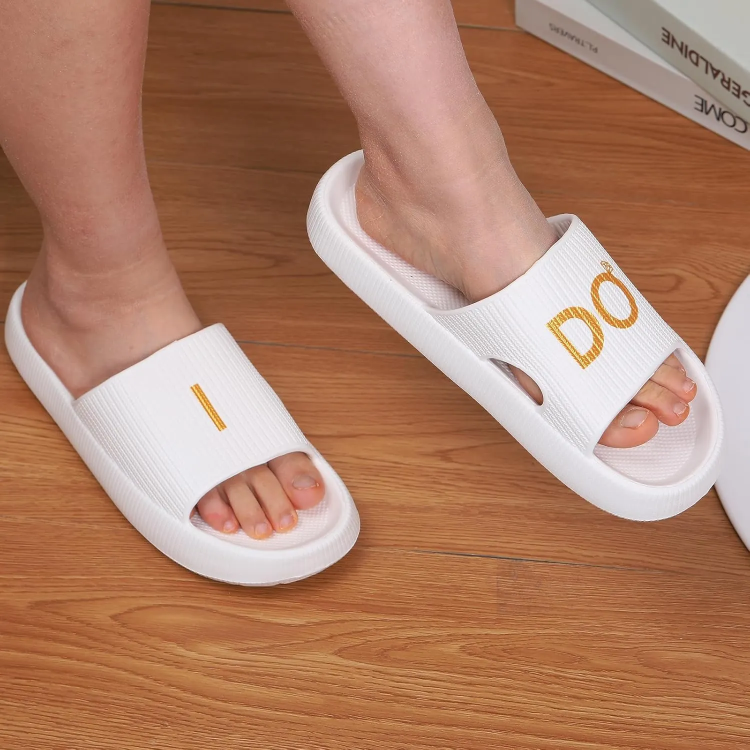 Women's Bride Slippers - White I DO Bride Slide Sandals for Bachelorette Party & Bridal Shower
