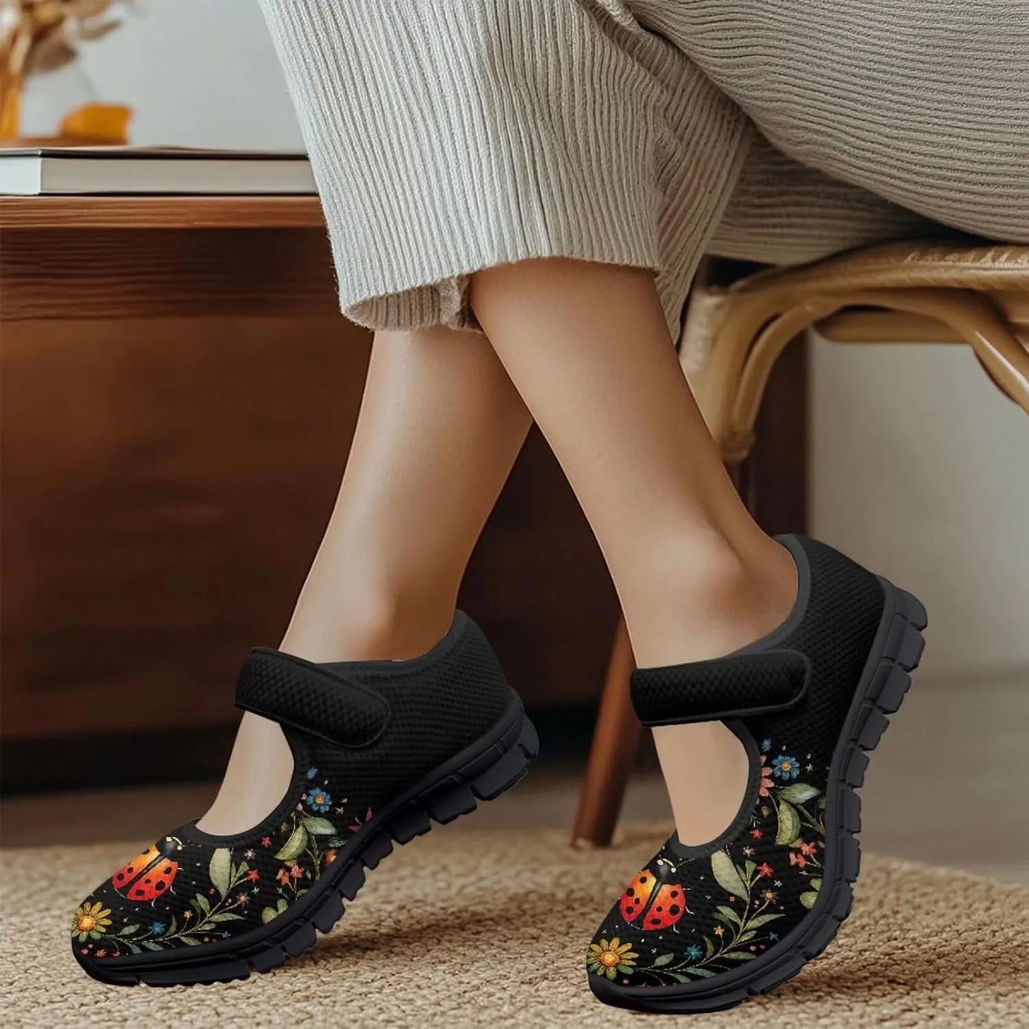 Women's Casual Walking Sneakers Lightweight Breathable Flat Mary Jane Shoes with One Strap