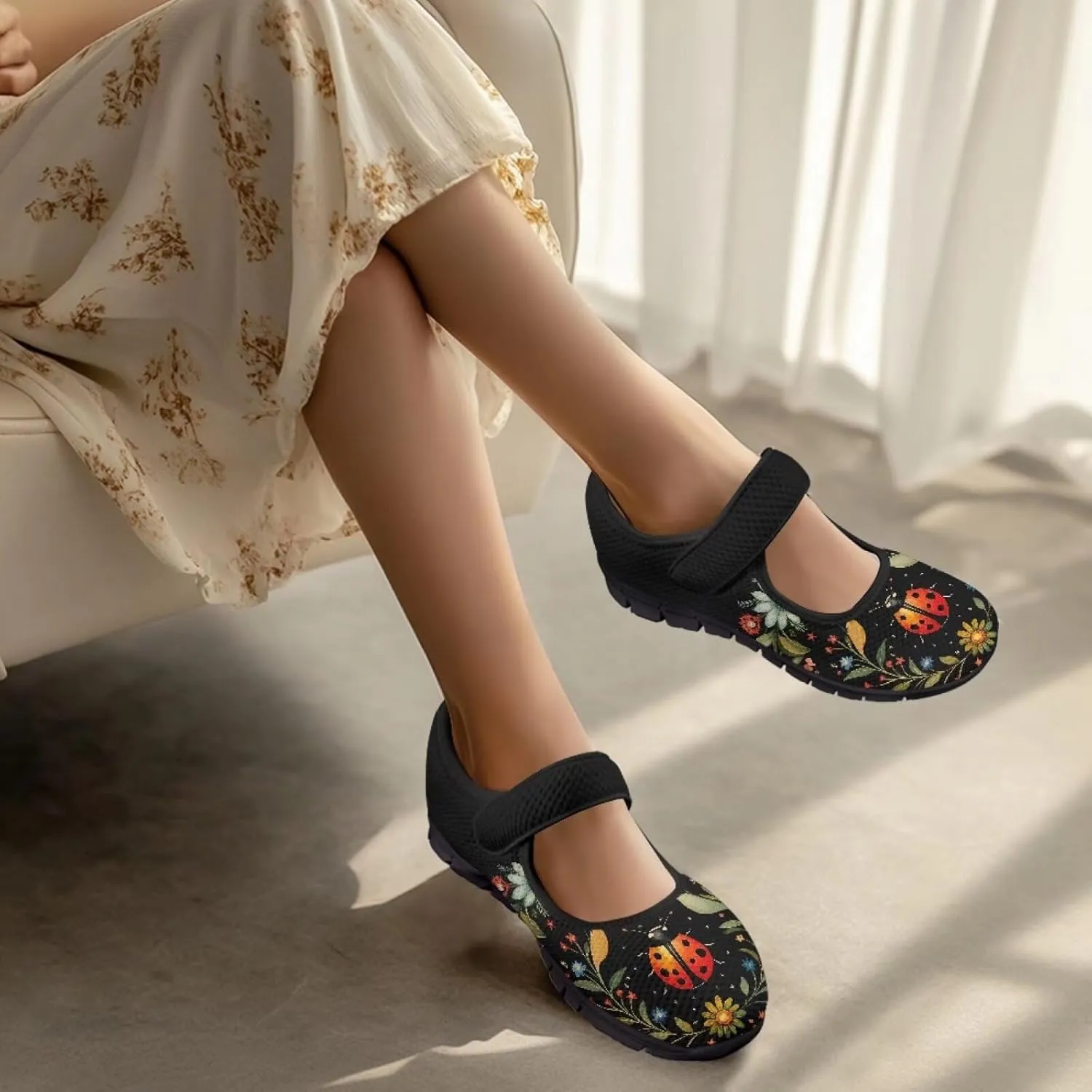 Women's Casual Walking Sneakers Lightweight Breathable Flat Mary Jane Shoes with One Strap