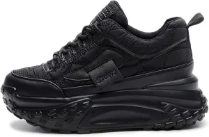 Women's Chunky Increase Height Lace-up Fashion Sneakers Shiny Anti-Slip Wear-Resistant Breathable Platform Wedge Low-top Sport Walking Shoes