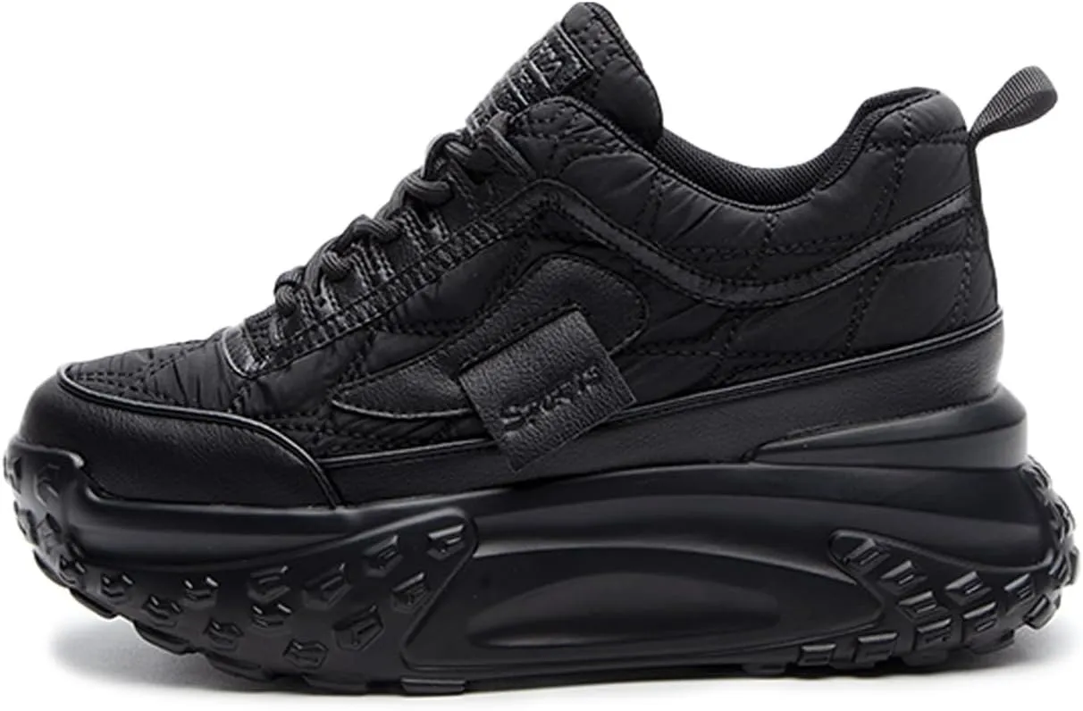 Women's Chunky Increase Height Lace-up Fashion Sneakers Shiny Anti-Slip Wear-Resistant Breathable Platform Wedge Low-top Sport Walking Shoes