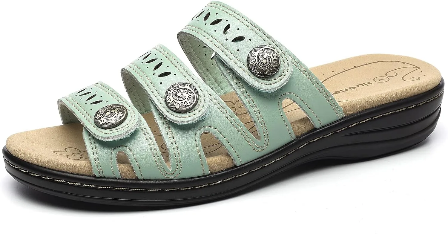Women's Comfort Leather Slides Lightweight Flat Sandals Cute Slip On Casual Walking Slippers