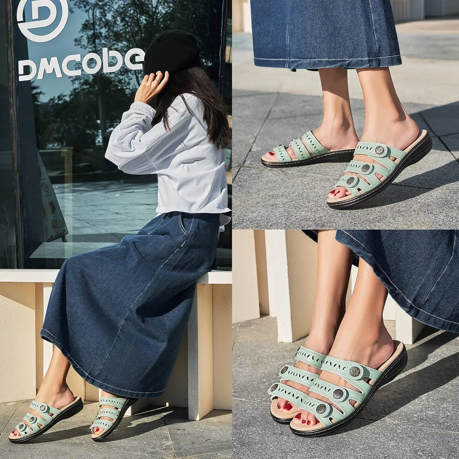 Women's Comfort Leather Slides Lightweight Flat Sandals Cute Slip On Casual Walking Slippers