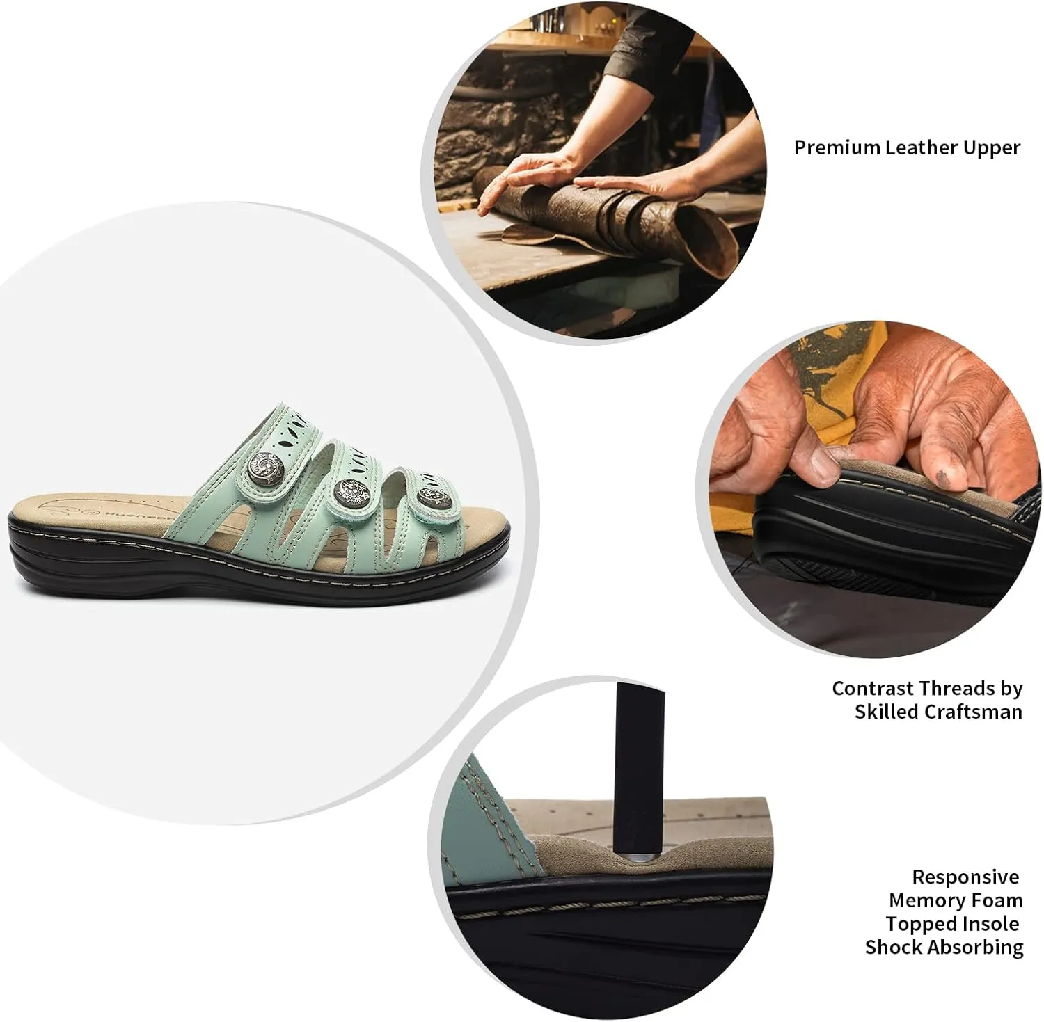Women's Comfort Leather Slides Lightweight Flat Sandals Cute Slip On Casual Walking Slippers