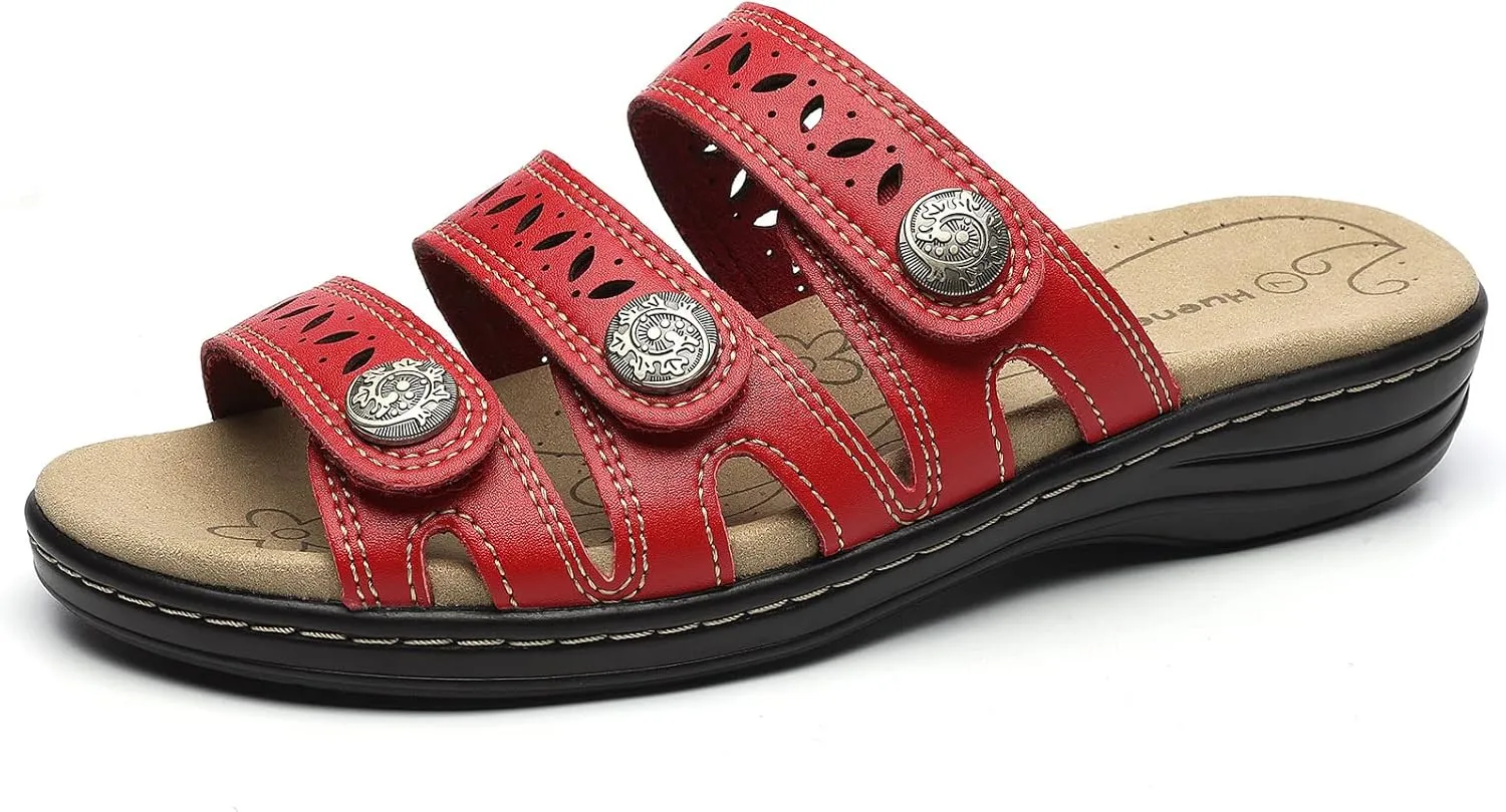 Women's Comfort Leather Slides Lightweight Flat Sandals Cute Slip On Casual Walking Slippers