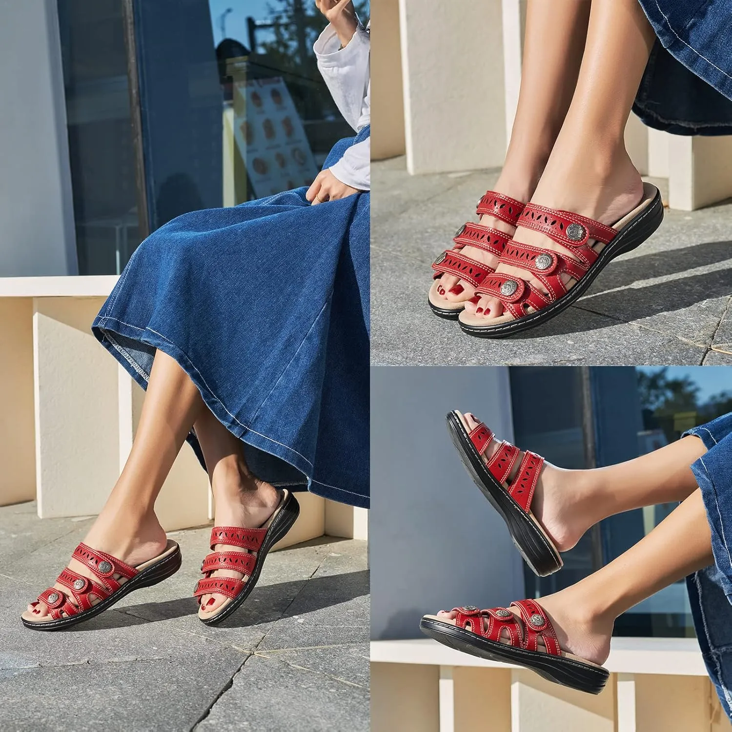 Women's Comfort Leather Slides Lightweight Flat Sandals Cute Slip On Casual Walking Slippers