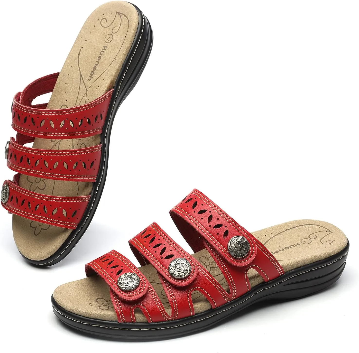 Women's Comfort Leather Slides Lightweight Flat Sandals Cute Slip On Casual Walking Slippers