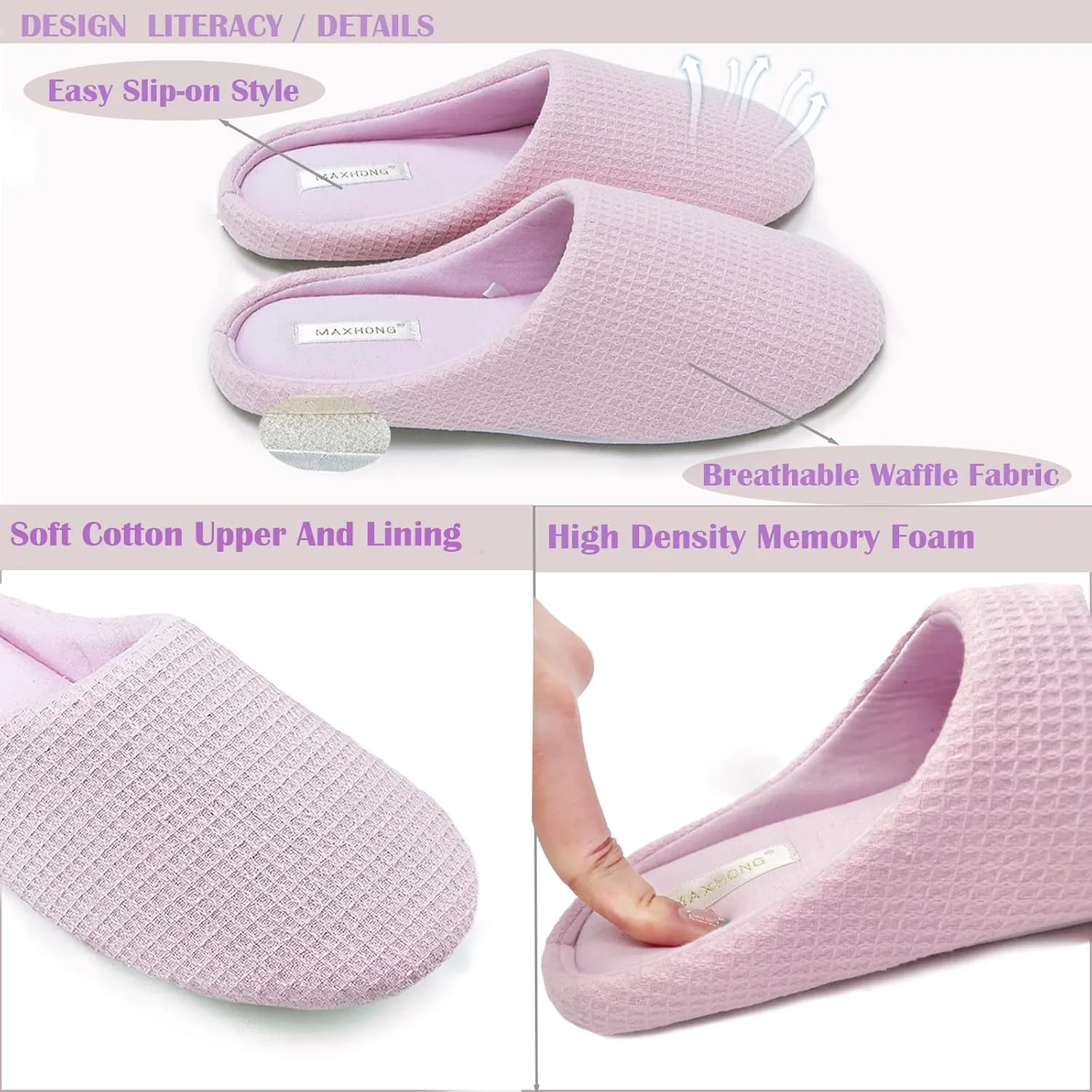 Womens Cotton Lightweight House Slippers With Memory Foam, Washable & Cozy Slip On