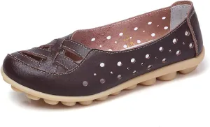 Women's Cowhide Leather Shoes Loafers Flats Sandals Slip-On Cutout Orthopedic Breathable Comfortable Hollow Soft Summer Casual Leather, Loafer Fashion Slip On Walking Round Toe Nurse Driving Shoes