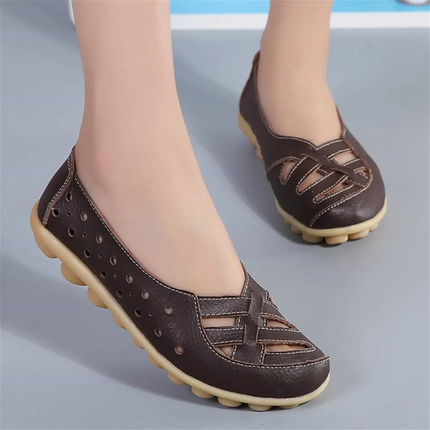 Women's Cowhide Leather Shoes Loafers Flats Sandals Slip-On Cutout Orthopedic Breathable Comfortable Hollow Soft Summer Casual Leather, Loafer Fashion Slip On Walking Round Toe Nurse Driving Shoes