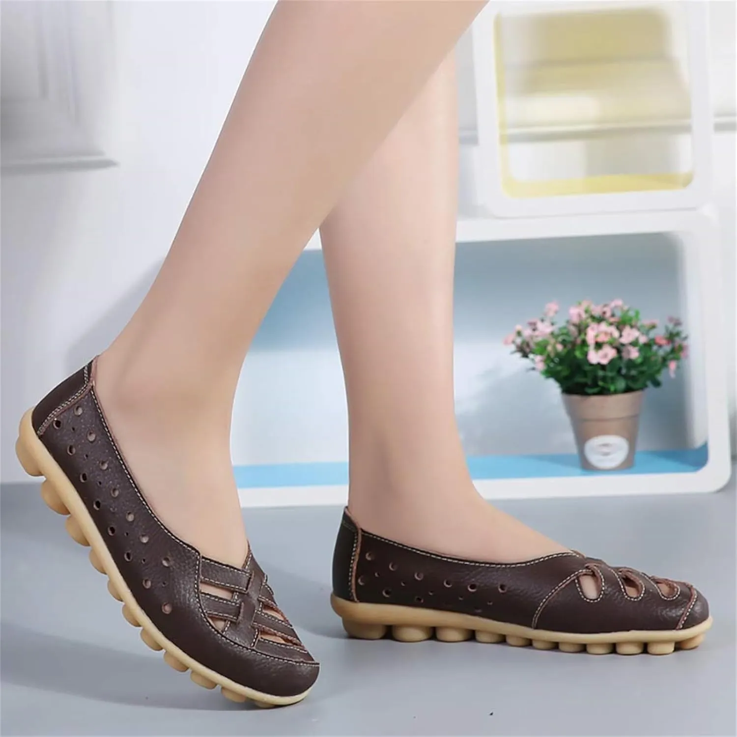 Women's Cowhide Leather Shoes Loafers Flats Sandals Slip-On Cutout Orthopedic Breathable Comfortable Hollow Soft Summer Casual Leather, Loafer Fashion Slip On Walking Round Toe Nurse Driving Shoes