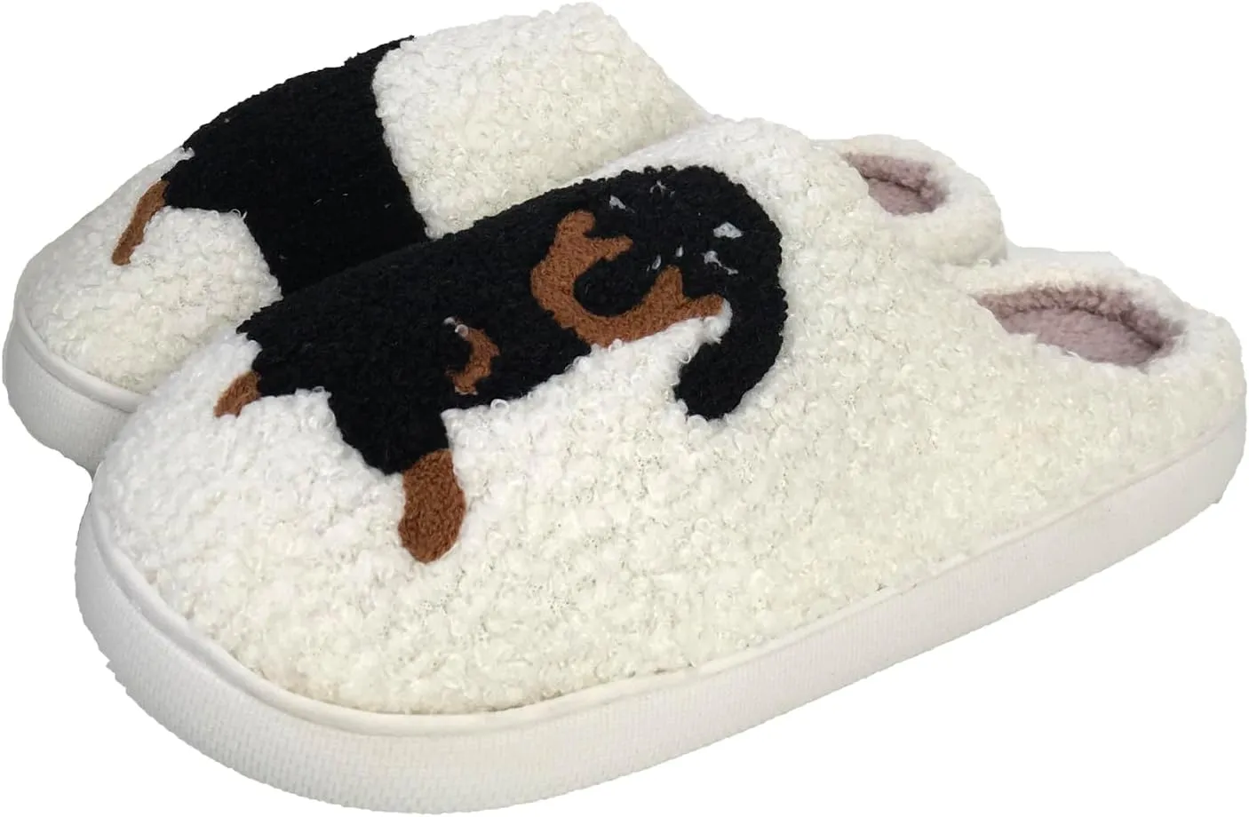 Women's Dachshund Dog Soft Sherpa Plush Slide Slippers, White