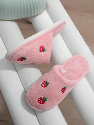 Women's Embroidered Strawberry Design Fluffy Home Slippers, Lightweight & Quiet Indoor Slip-On Slides