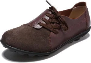 Women's Fashion Casual Leather Soft Sole Lace Up Loafers Shoes Comfortable Low Top Non-Slip Flat Walking Shoes