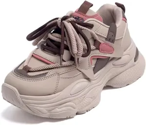 Womens Fashion Leather Lace Up Chunky Platform Sneakers Casual Breathable Shock Absorbing Heighten Walking Workout Driving Shoes