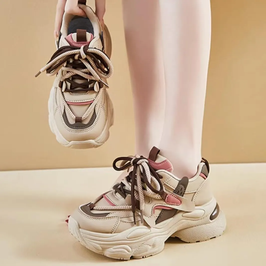 Womens Fashion Leather Lace Up Chunky Platform Sneakers Casual Breathable Shock Absorbing Heighten Walking Workout Driving Shoes
