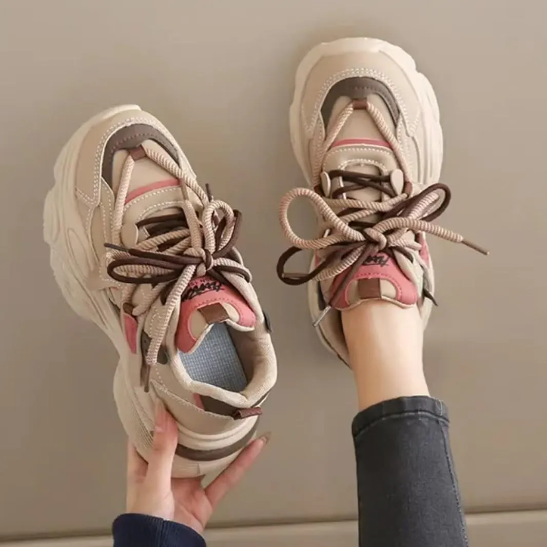 Womens Fashion Leather Lace Up Chunky Platform Sneakers Casual Breathable Shock Absorbing Heighten Walking Workout Driving Shoes