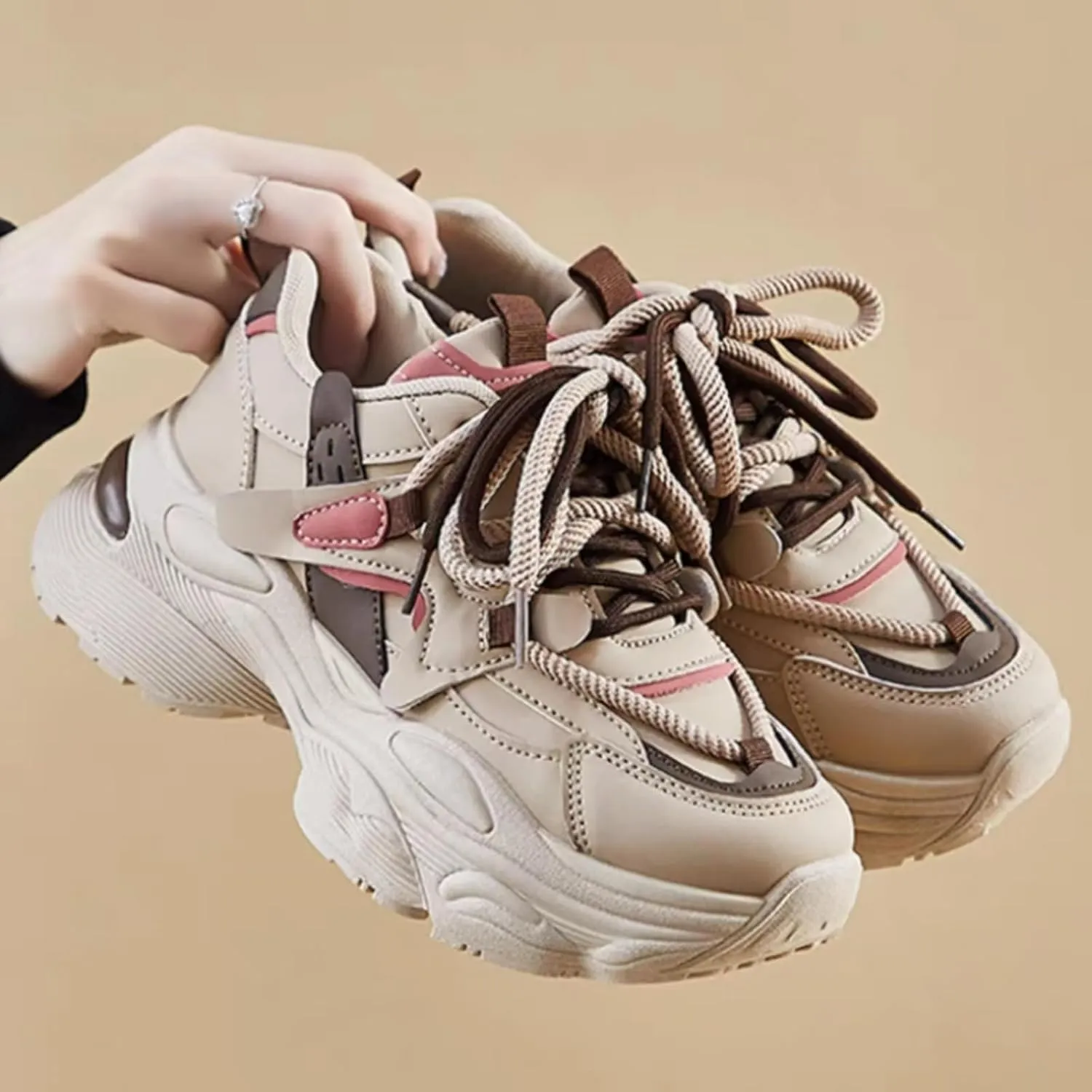 Womens Fashion Leather Lace Up Chunky Platform Sneakers Casual Breathable Shock Absorbing Heighten Walking Workout Driving Shoes