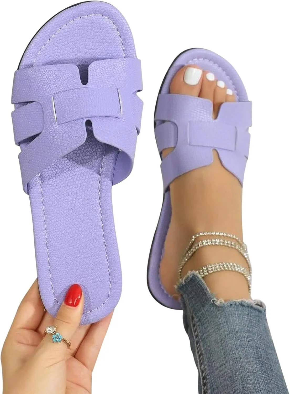 Women's Faux Leather Solid Slipper Open Toe Slip on Sandals Stylish Trendy Casual Slide Vacation Anti-Slip Shoe