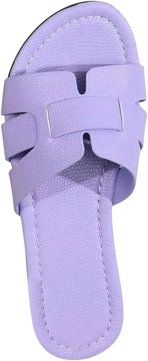 Women's Faux Leather Solid Slipper Open Toe Slip on Sandals Stylish Trendy Casual Slide Vacation Anti-Slip Shoe