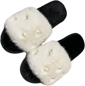 Women's Fluffy Fuzzy Slippers Memory Foam Open Toe Pearl Comfy House Slippers Cozy Faux Fur Soft Plush Home Slides Anti-Skid Indoor Outdoor Home Bedroom for Women Girls
