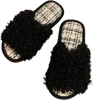 Women's Frizzy Fuzzy Slippers Plush Comfy Faux Fur Lined Slippers Memory Foam Fluffy Slide Sandals Open Toe Indoor Anti-skid Sole House Shoes