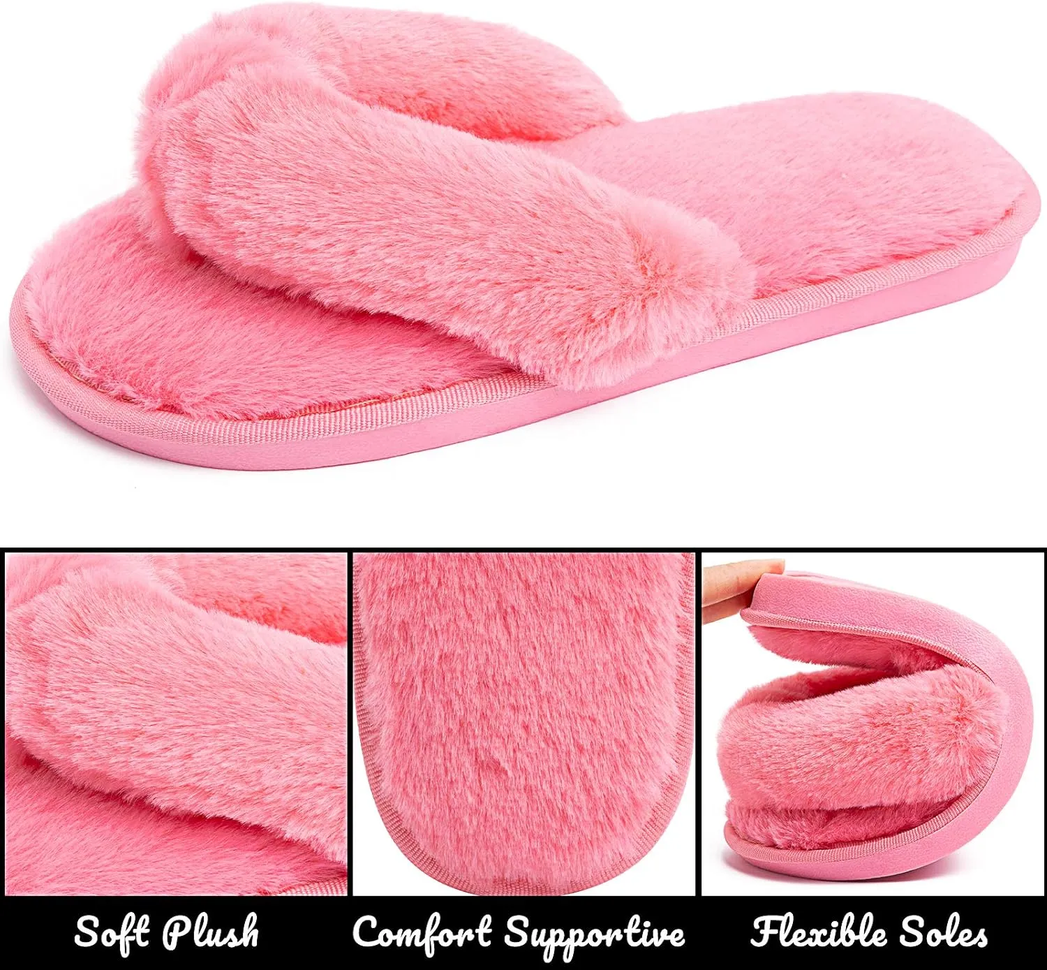 Women's Fuzzy Memory Foam Flip Flop Slippers Soft Comfy Open Toe Slip On Spa Thong Flat Sandals Ladies House Home Furry Sandal Slides Indoor Outdoor