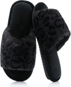 Women's Fuzzy Open-Toe House Slippers with Memory Foam - Leopard Print Plush Cozy Cute Slipper Indoor/Outdoor Soft Slip On Slides Gifts for Women Mom Her Ladies