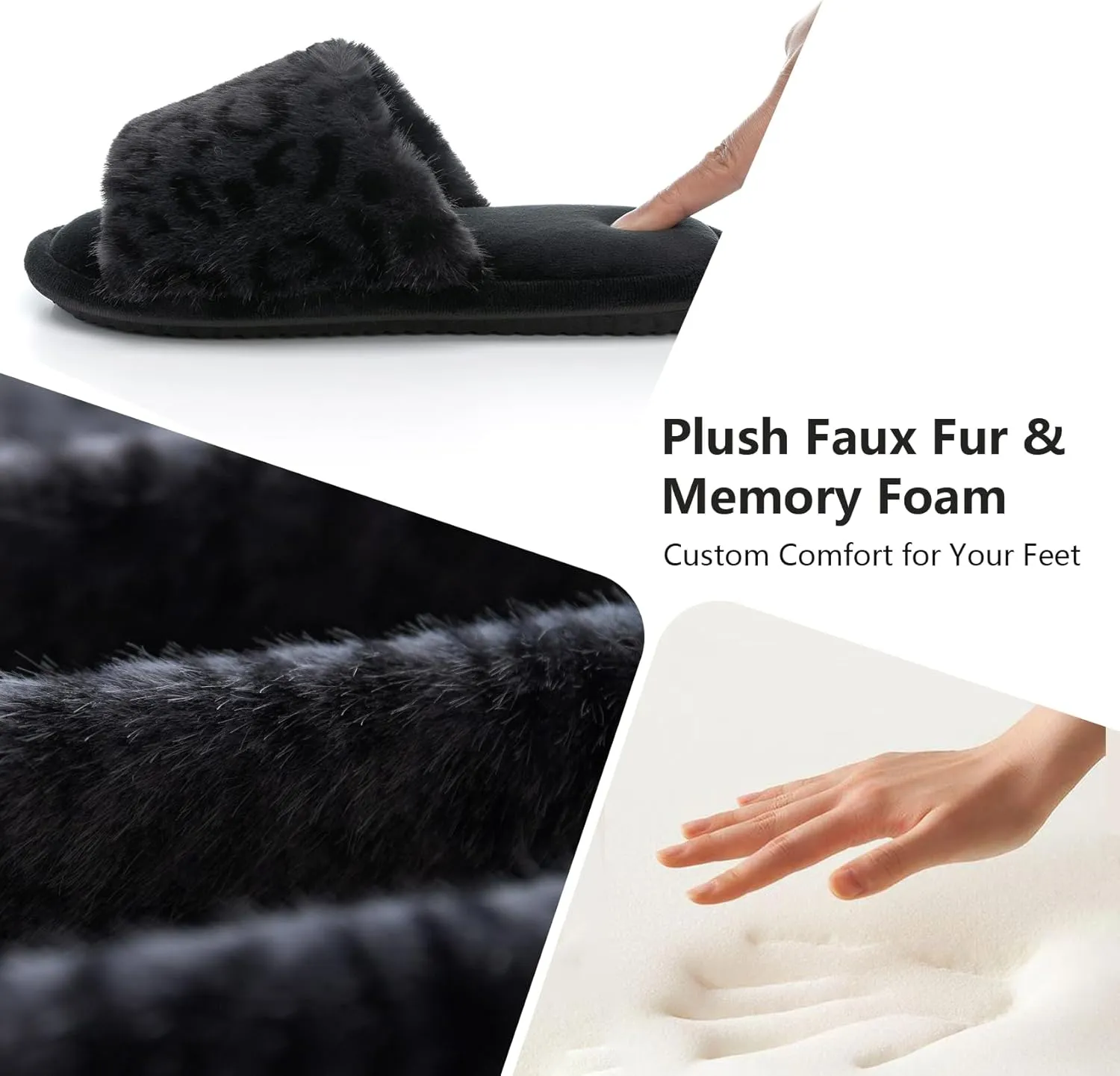 Women's Fuzzy Open-Toe House Slippers with Memory Foam - Leopard Print Plush Cozy Cute Slipper Indoor/Outdoor Soft Slip On Slides Gifts for Women Mom Her Ladies