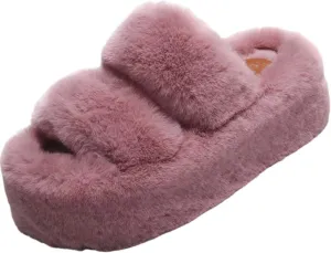 Women's Fuzzy Slippers Fluffy Cozy Comfy Memory Foam Open Toe House Slippers Faux Fur Soft Plush Two Band Slides Anti-Skid Indoor Outdoor Home Bedroom for Women