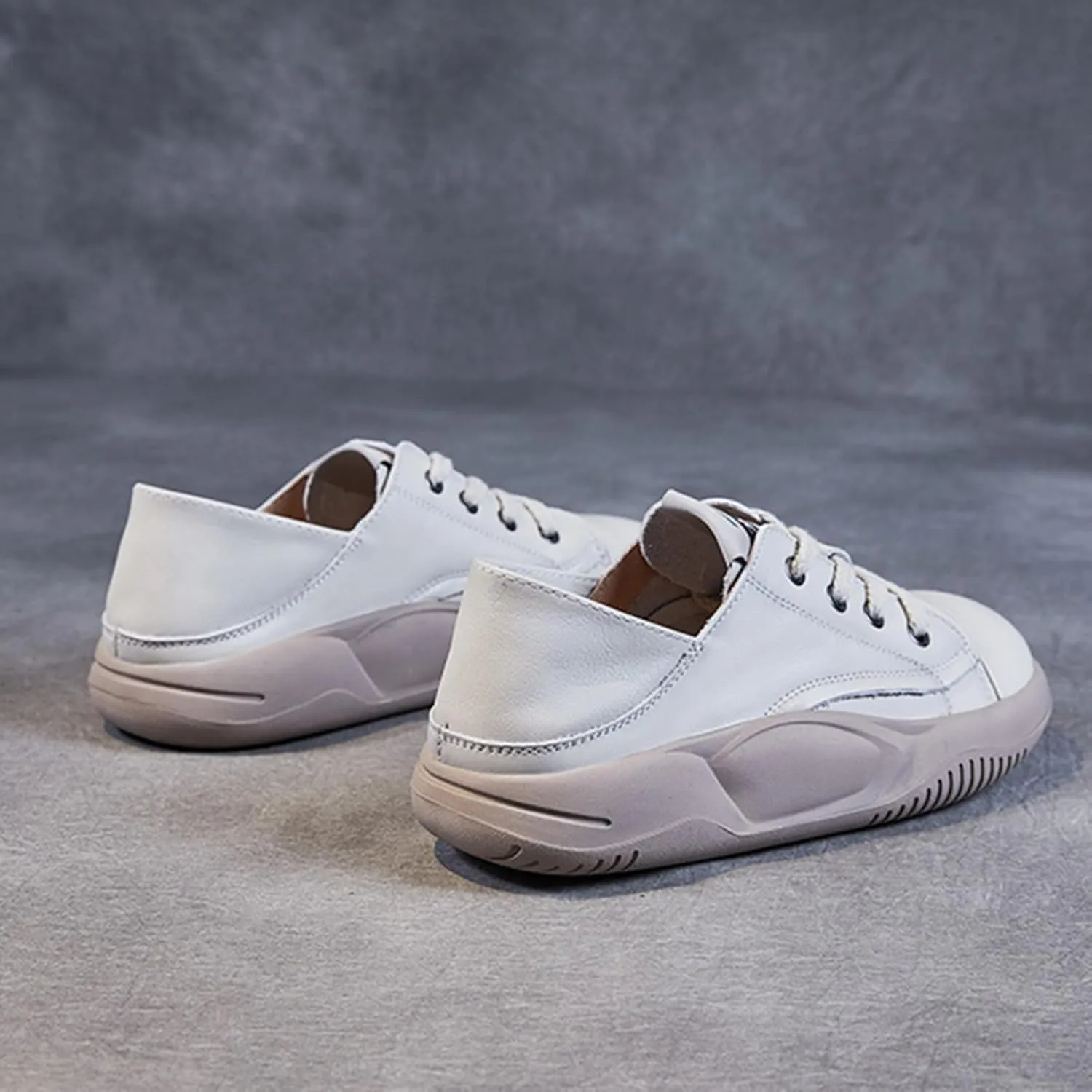 Women's Genuine Leather Platform Soft Sole Fashion Sneaker Retro Round-Toe Lace Up Lightweight Comfort Casual Walking Shoes