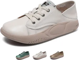 Women's Genuine Leather Platform Soft Sole Fashion Sneaker Retro Round-Toe Lace Up Lightweight Comfort Casual Walking Shoes