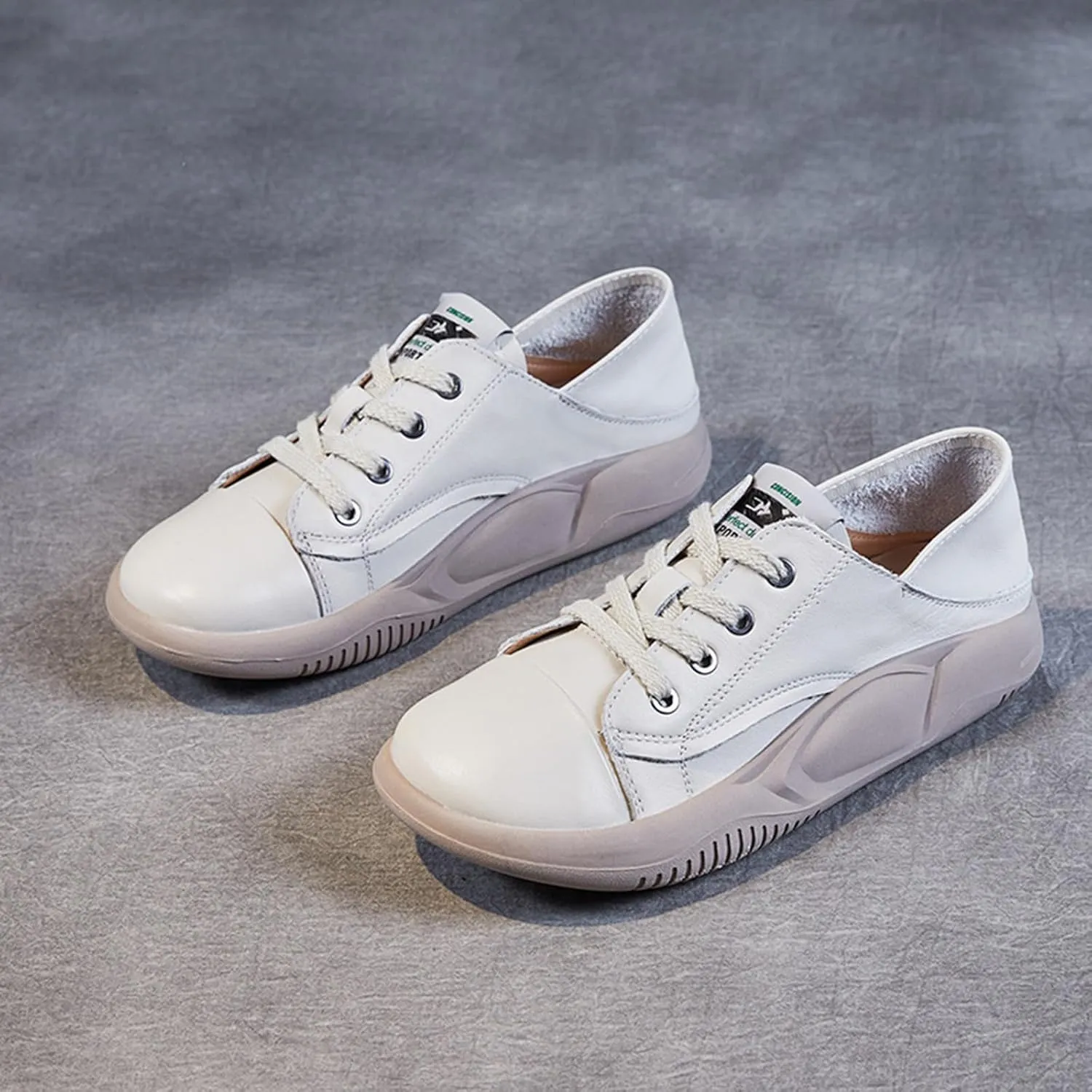 Women's Genuine Leather Platform Soft Sole Fashion Sneaker Retro Round-Toe Lace Up Lightweight Comfort Casual Walking Shoes