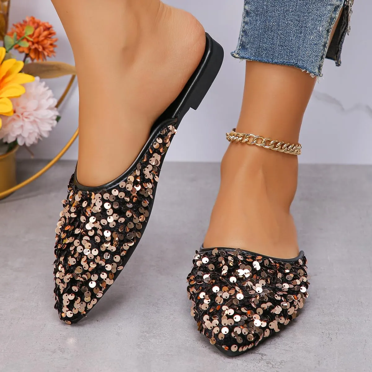 Women's Glitter Rhinestone Flat Mules Comfortable Soft Memory Foam Insole Cherry Pointed Rivet Mule Shoes
