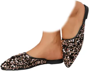 Women's Glitter Rhinestone Flat Mules Comfortable Soft Memory Foam Insole Cherry Pointed Rivet Mule Shoes