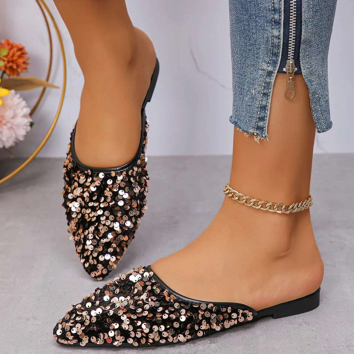 Women's Glitter Rhinestone Flat Mules Comfortable Soft Memory Foam Insole Cherry Pointed Rivet Mule Shoes