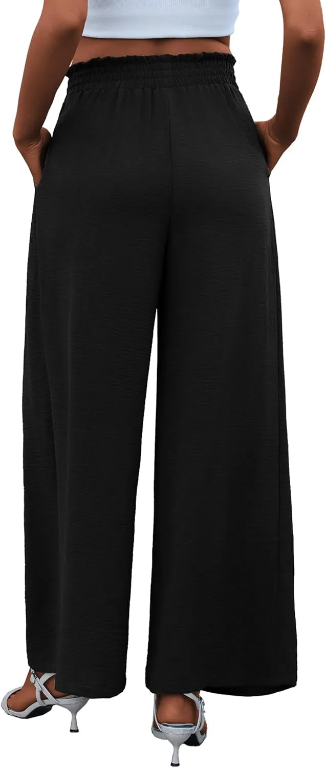 Women's High Waist Wide Leg Long Palazzo Pants Front Knot Tie Elastic Trousers with Pockets Lounge Business Work Pants