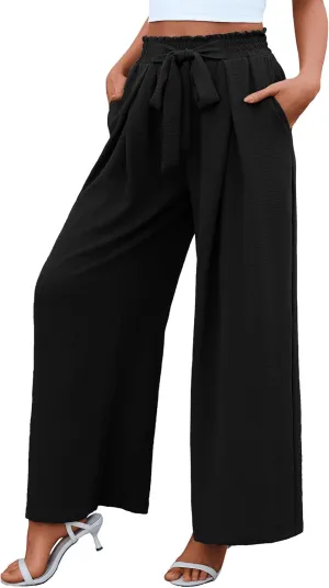 Women's High Waist Wide Leg Long Palazzo Pants Front Knot Tie Elastic Trousers with Pockets Lounge Business Work Pants