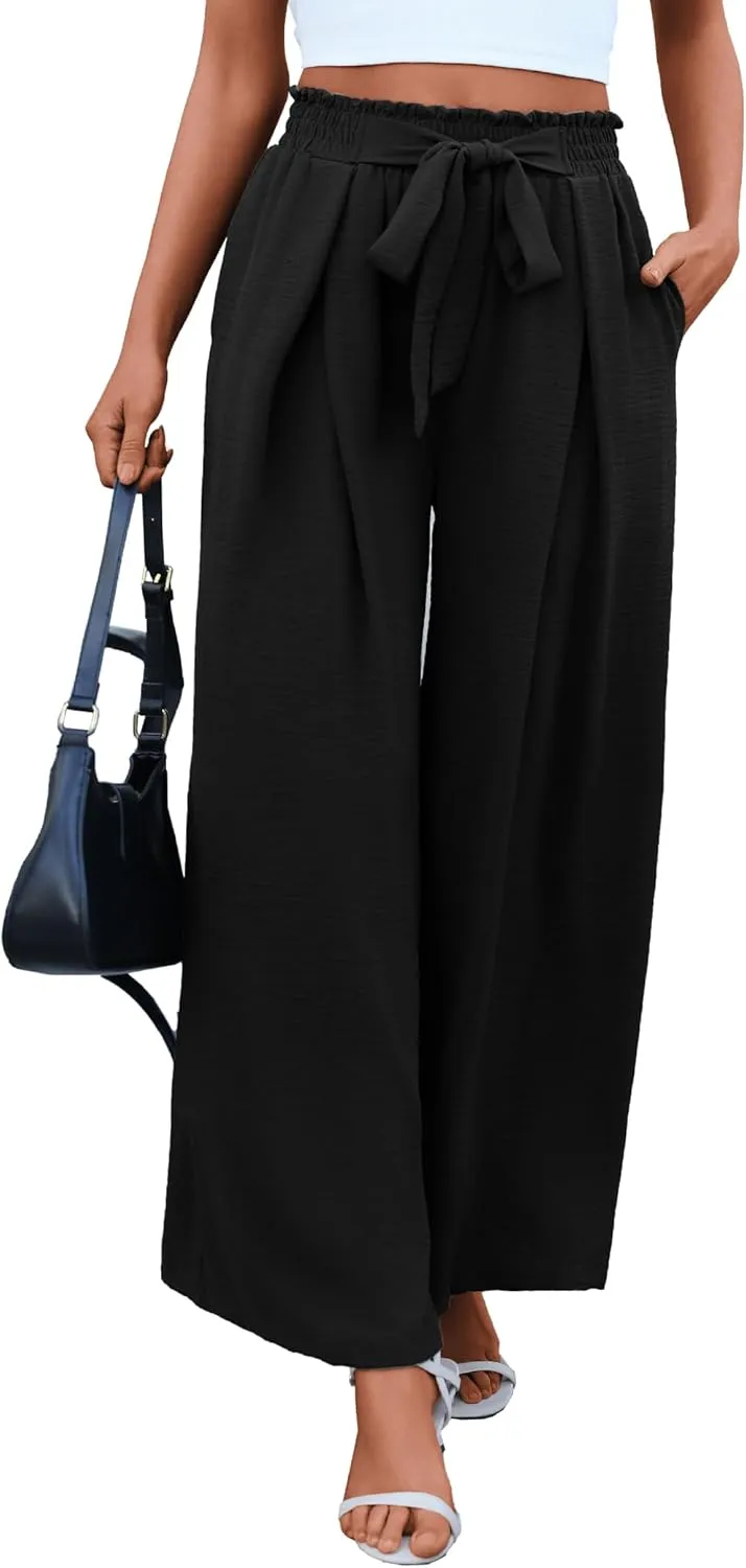 Women's High Waist Wide Leg Long Palazzo Pants Front Knot Tie Elastic Trousers with Pockets Lounge Business Work Pants