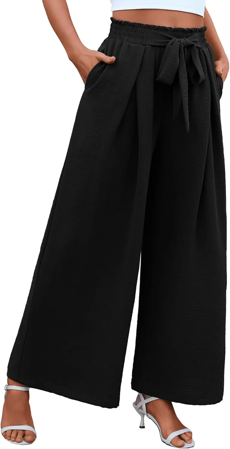 Women's High Waist Wide Leg Long Palazzo Pants Front Knot Tie Elastic Trousers with Pockets Lounge Business Work Pants