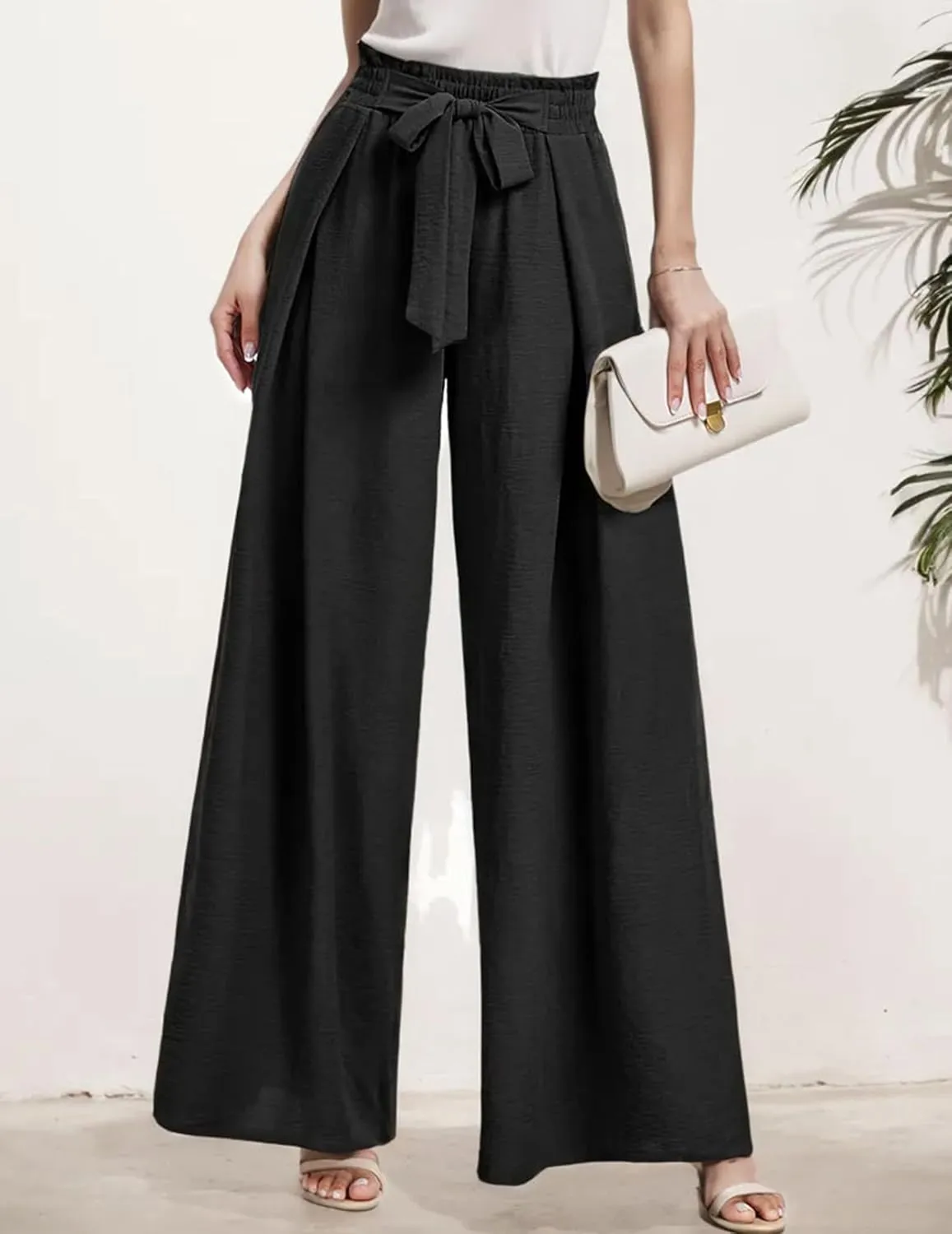 Women's High Waist Wide Leg Long Palazzo Pants Front Knot Tie Elastic Trousers with Pockets Lounge Business Work Pants