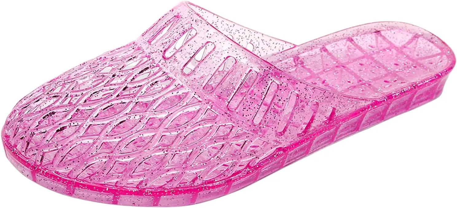 Womens Jelly Shoes, White Jellies Sandals Glitter Clear Flats Slip On Summer Beach Slippers Transparent Closed Toe Soft Slide